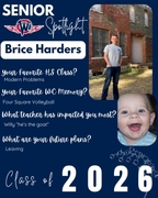 West Central High School Senior Spotlight for Brice Harders, Class of 2026. Brice is pictured in a grey t-shirt and jeans in front of an old brick building, alongside a laughing baby photo. Text highlights his favorite class, Modern Problems, and his favo